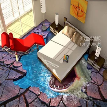 Sea World Shark Crack 3D floor painting thickened self-adhesive living room bathroom bedroom flooring mural