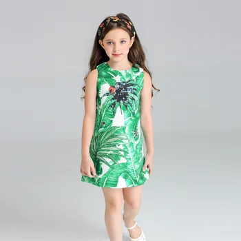 Kids dress for girl 2016 Brand Children Dress Princess Costume Green&White Tropical Print Robe Enfant Kids Dresses with Jewels