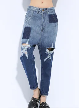 2016 Women Hole Jeans Five-pointed Star Ripped Jeans gradient color Blue Denim Pants boyfriend Femme Low waist Long Cross pant