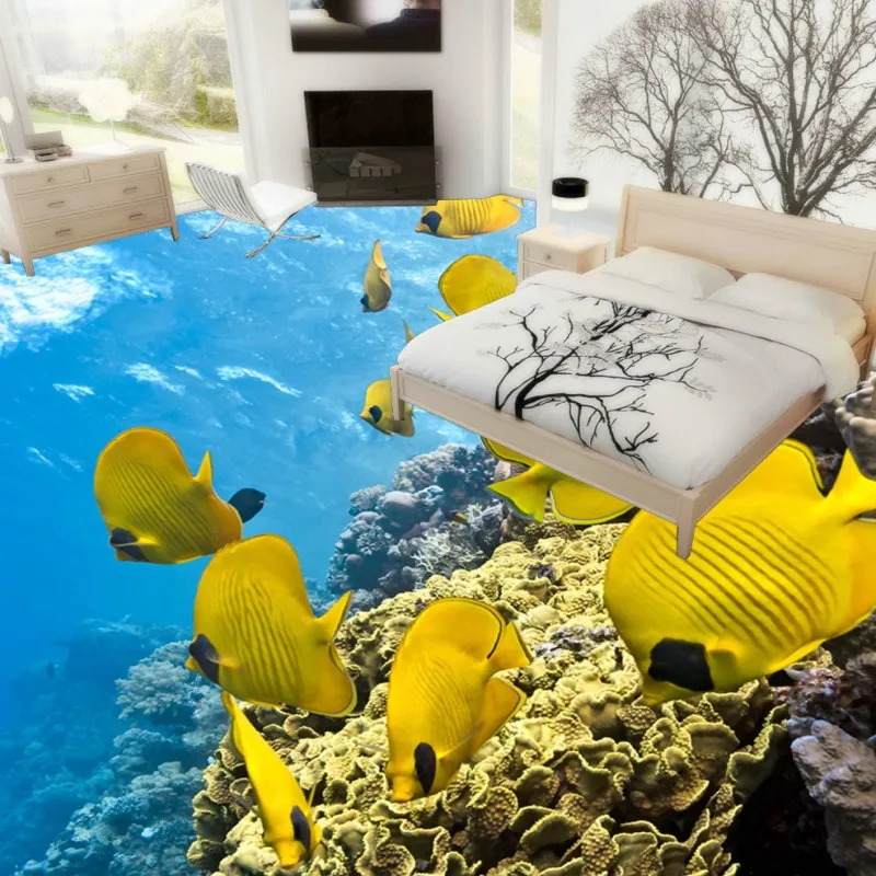 3D Sea World Tropical Fish flooring painting Toilets Living Room Kitchen Bathroom non-slip Floor wallpaper mural