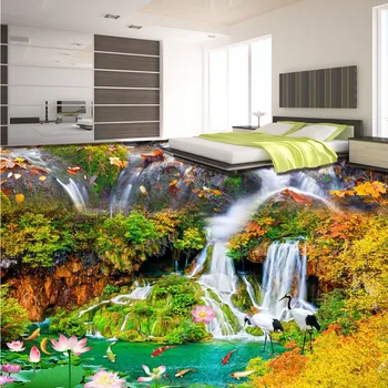 Aesthetic outdoor waterfall figure lotus 3d floor painting waterproof non-slip bathroom living room flooring mural
