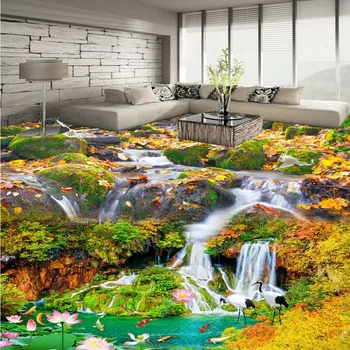 Aesthetic outdoor waterfall figure lotus 3d floor painting waterproof non-slip bathroom living room flooring mural