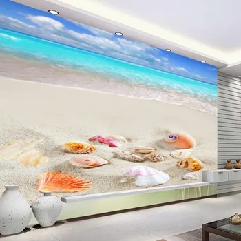 Blue sky white clouds sun sand shell 3D floor painting thickened bedroom living room bathroom flooring mural