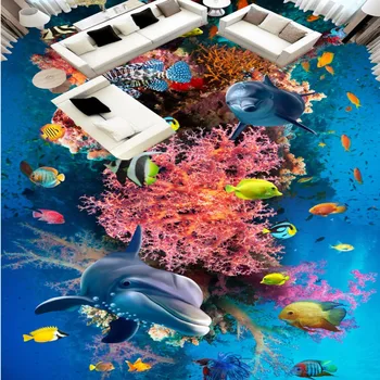 Custom Sea World square living room painting floor stereo marine tropical fish self-adhesive wear floor wallpaper