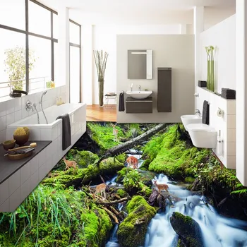 Flooring moisture proof self-adhesive living room bedroom wallpaper waterfalls flowing water elk 3D floor painting
