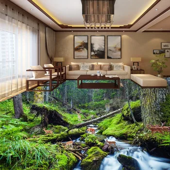 Flooring moisture proof self-adhesive living room bedroom wallpaper waterfalls flowing water elk 3D floor painting