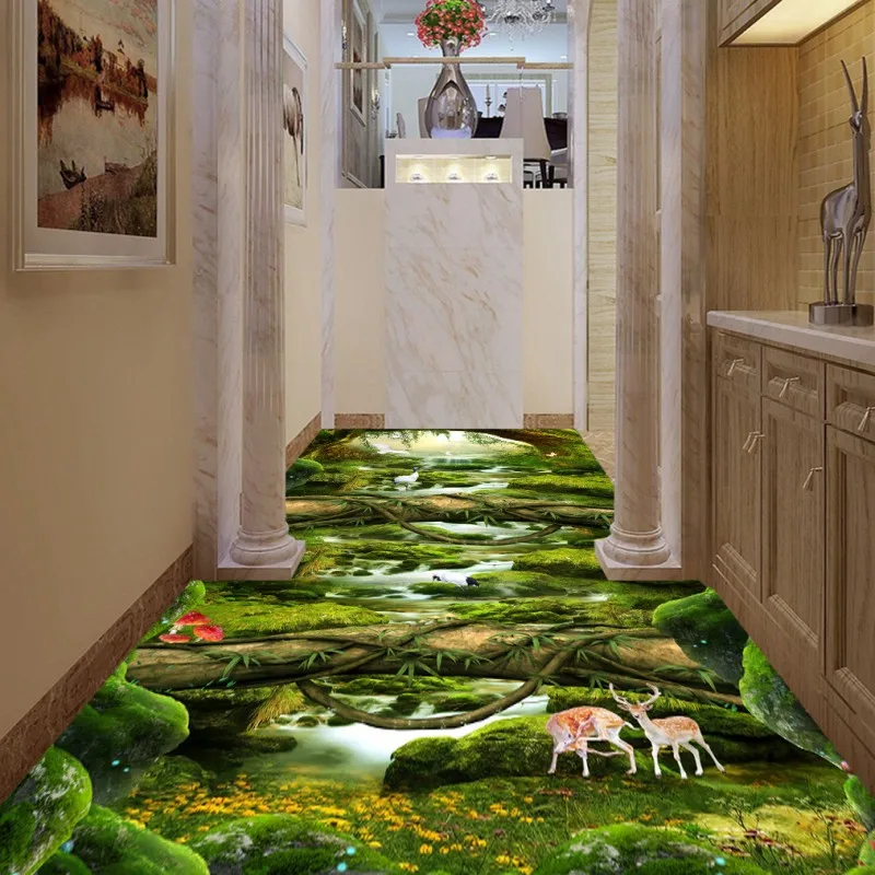 Restaurant kitchen flooring painting Fantasy Forest Creek self-adhesive PVC floor wallpaper mural