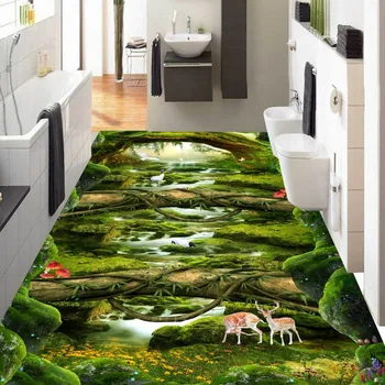 Restaurant kitchen flooring painting Fantasy Forest Creek self-adhesive PVC floor wallpaper mural