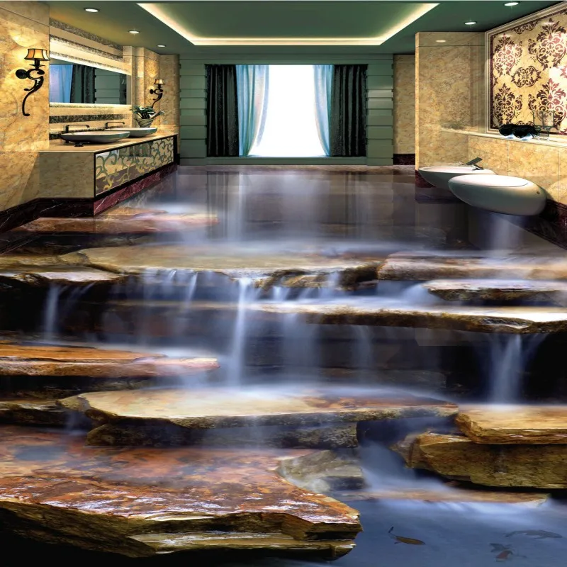 Non-slip floor mural Flowing Water Healthy Stone Waterfall Living Room Bathroom 3D Floor wallpaper