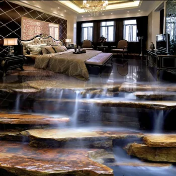 Non-slip floor mural Flowing Water Healthy Stone Waterfall Living Room Bathroom 3D Floor wallpaper