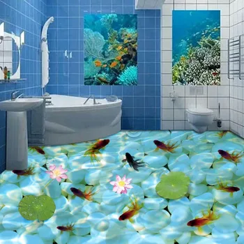 Pebble carp lotus leaf fish pond floor wallpaper shopping mall bathroom waterproof self-adhesive floor mural