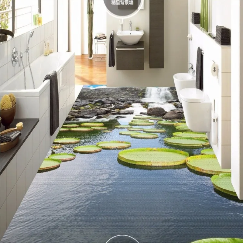 Waterfall lotus leaf lotus pond 3d floor painting wear non-slip waterproof bedroom kitchen square flooring mural