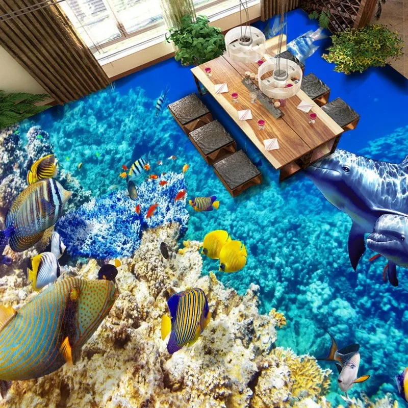 Underwater world marine tropical fish coral reef flooring painting bathroom decorative self-adhesive floor mural