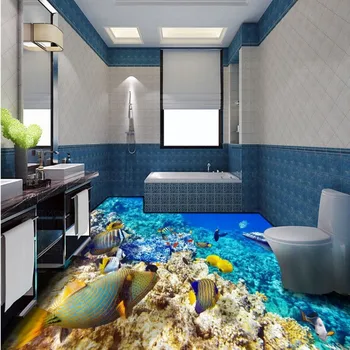 Underwater world marine tropical fish coral reef flooring painting bathroom decorative self-adhesive floor mural