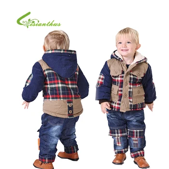 Boys Winter Thick Cotton Padded Jacket Suit 2017 New Children's Plus Velvet Plaid Stitching Hooded Clothing Sets Pant And Coat