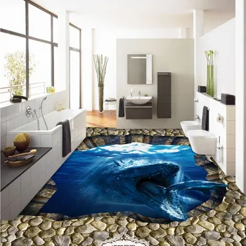 Sea animals eat shark 3d floor non-slip thickened bedroom living room bathroom square flooring wallpaper mural