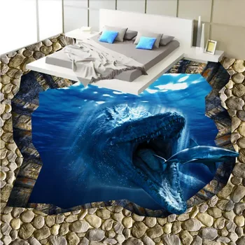 Sea animals eat shark 3d floor non-slip thickened bedroom living room bathroom square flooring wallpaper mural