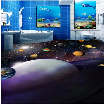 3D custom space planet bathroom bedroom floor mural waterproof wear non-slip floor wallpaper