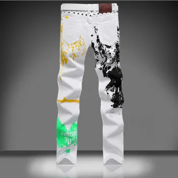 Mainstream men 's large size Korean version of the trousers white small Zhitu pants color printing Slim jeans trend of youth