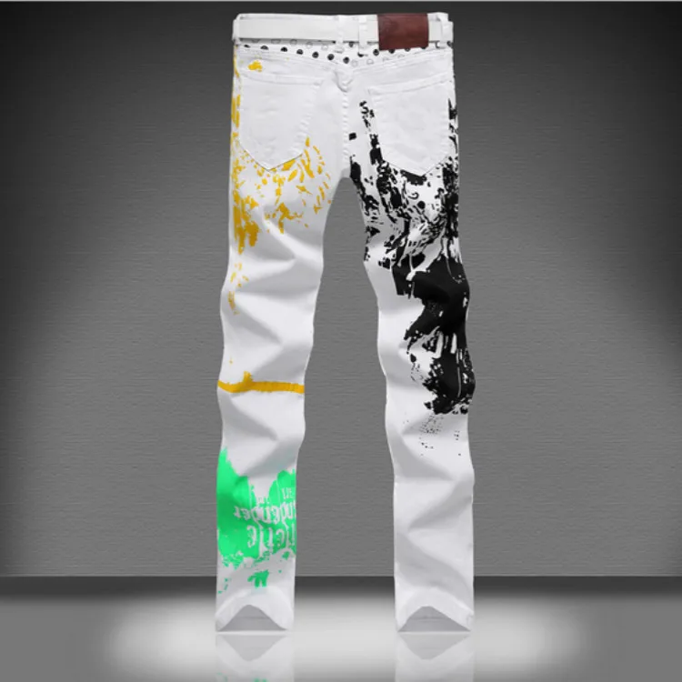 Mainstream men 's large size Korean version of the trousers white small Zhitu pants color printing Slim jeans trend of youth