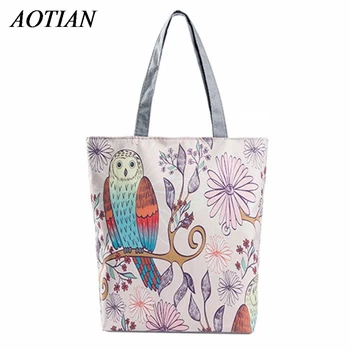 Cartoon Owl Print Casual Tote Lady Canvas Beach Bag Female Handbag Large Capacity Women Single Shoulder Shopping Bags D35Ma7