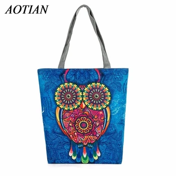 Cartoon Owl Print Casual Tote Lady Canvas Beach Bag Female Handbag Large Capacity Women Single Shoulder Shopping Bags D35Ma7