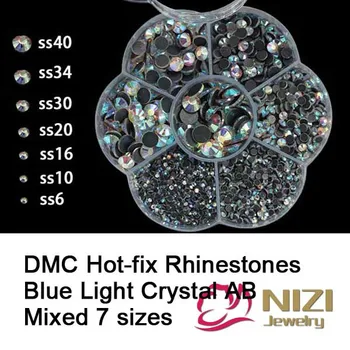 Crystal AB Color DMC Hotfix Rhinestones Mixed 7 Sizes Flatback Round Glue Backing Iron On Strass Diamonds DIY Crafts Garments