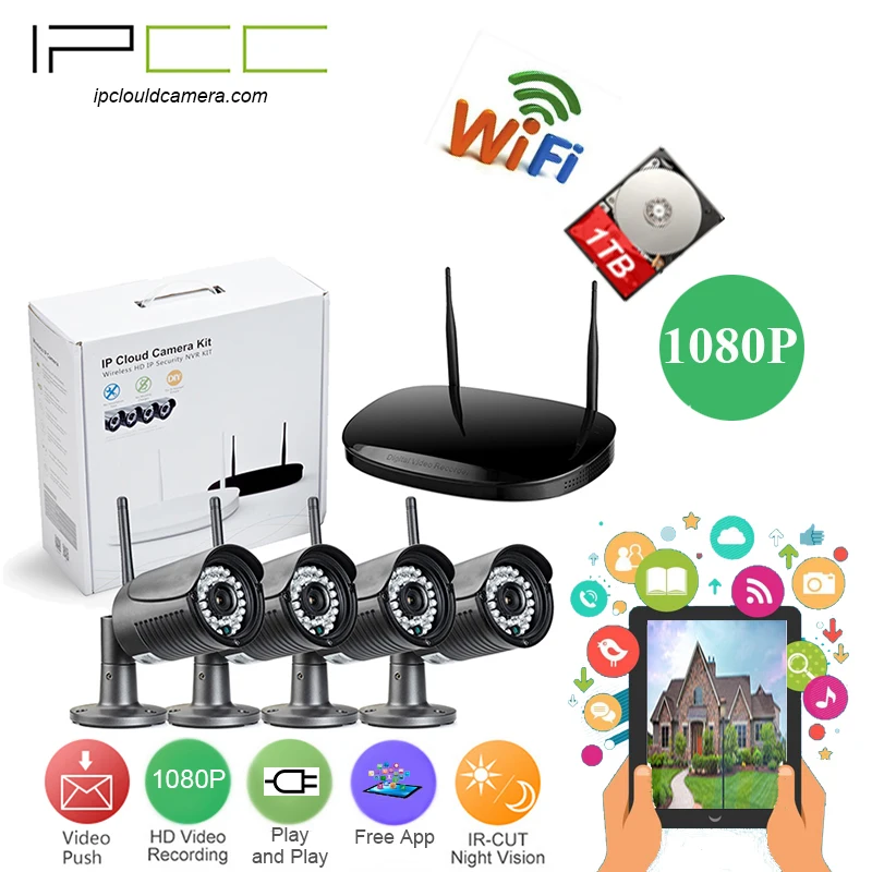 IPCC 4CH CCTV System Wireless 1080P NVR 4PCS 2.0MP IR Outdoor P2P Wifi IP CCTV Security Camera System Surveillance Kit 1TB HDD