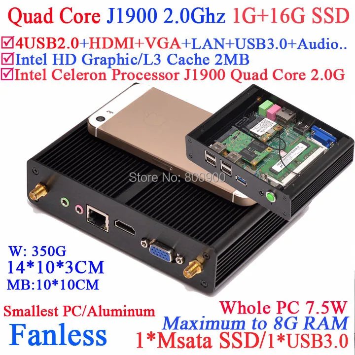 Fanless pc with Intel Celeron Quad Core J1900 CPU HDMI VGA dual display smallest size aluminum 1G RAM 16G SSD windows or linux