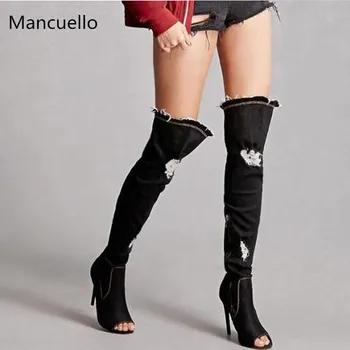 Top Selling Denim Peep Toe High Heel Botas Mujer Cut-outs Over the Knee Boots with Holes Spring Autumn Party Shoes Women