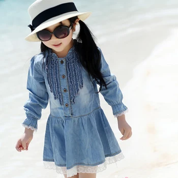 Girls Children One Piece Dress Fashion Buttons Demin Baby Tops Shirts Dresses 2-7Y