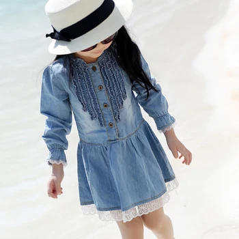Girls Children One Piece Dress Fashion Buttons Demin Baby Tops Shirts Dresses 2-7Y