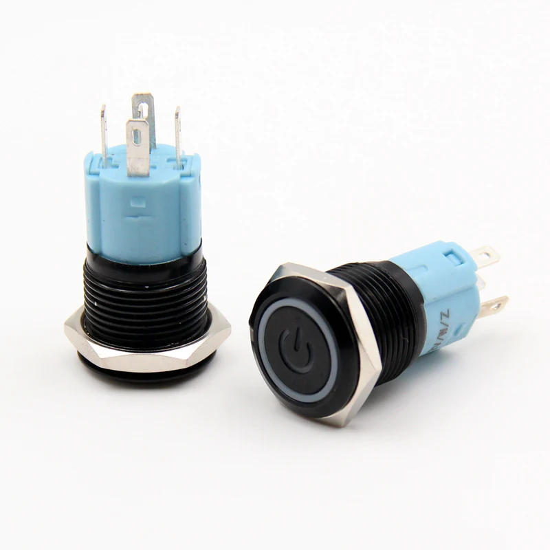 1pcs a key to start the black metal button switch with a sign hole 16mm self-reset ring LED light 3A/250V