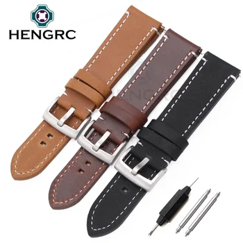 HENGRC 18mm 20mm 22mm Genuine Leather Watch Strap Belt Manual Men Thick Brown Black Watchbands Buckle Accessories