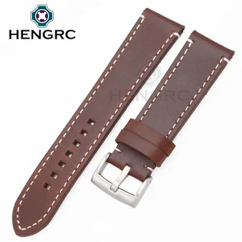 HENGRC 18mm 20mm 22mm Genuine Leather Watch Strap Belt Manual Men Thick Brown Black Watchbands Buckle Accessories