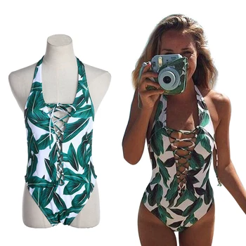 2017 Women One-Piece Swimsuits Sexy Green Leaves Multi Rope Print Bikini Swimsuit Bathing Suit Women Biquinis Feminino