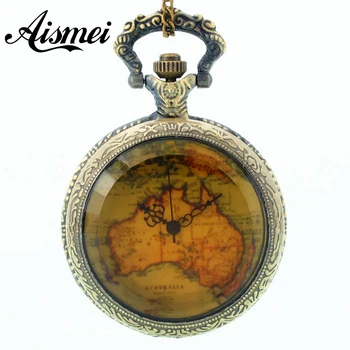 Wholesale buyer price new bronze fashion vintage retro classic globe map pocket watch necklace chain hour 5 pcs/lot