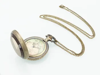 Wholesale buyer price new bronze fashion vintage retro classic globe map pocket watch necklace chain hour 5 pcs/lot