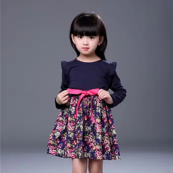 Princess Girl Flower Pattern Print Dress Full Sleeve with Sashes Cute Baby Girls Dress