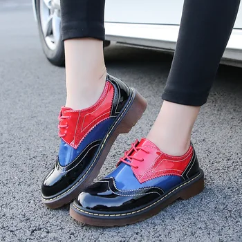 Fashion Leather Woman Flat Shoes Round Toe Handmade Patchwork Designer Shoes Brand Ladies Pu Breathable Casual Lace-up Shoes