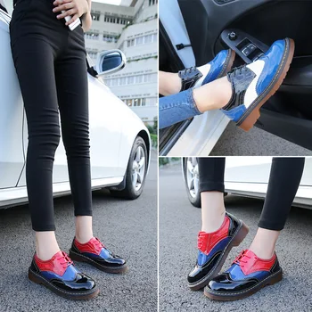 Fashion Leather Woman Flat Shoes Round Toe Handmade Patchwork Designer Shoes Brand Ladies Pu Breathable Casual Lace-up Shoes