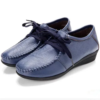 Spring autumn soft bottom Genuine leather comfortable Flats Large size Women Shoes Flat with lace casual shoes elderly shoes