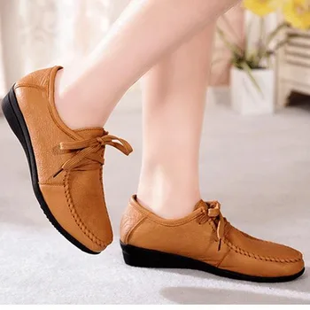 Spring autumn soft bottom Genuine leather comfortable Flats Large size Women Shoes Flat with lace casual shoes elderly shoes