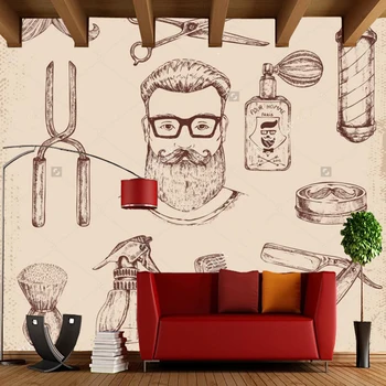 Retro wallpaper, hand painted barber and barber tool murals for the barber shop sofa living room wall vinyl papel de parede