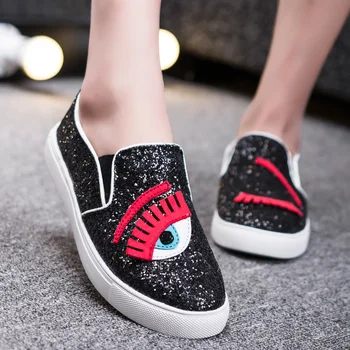 2016 Chiara Ferragni Flats Round Toe zapatos mujer Glitter Eyelash Flat Espadrilles Blink Eye Flat Shoes Womens Lazy Loafers