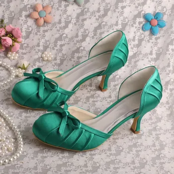 Wedopus Mid Heel Green Satin Wedding Shoes Closed Toe Pumps Size 38 Dropshipping