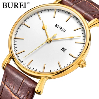 BUREI Famous Brand Sport Simple Watches Men Real Leather Clock hours Male Fashion Quartz Golden Wristwatch Relogio Masculino