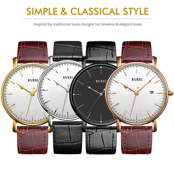 BUREI Famous Brand Sport Simple Watches Men Real Leather Clock hours Male Fashion Quartz Golden Wristwatch Relogio Masculino