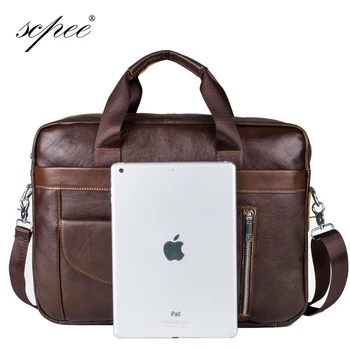 SCPEE New Genuine Leather Shoulder Bag Men's Business Computer Bag Briefcases Men's Mailman Handbag Free gift