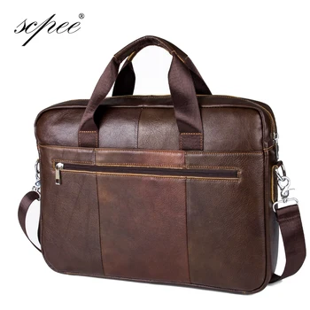 SCPEE New Genuine Leather Shoulder Bag Men's Business Computer Bag Briefcases Men's Mailman Handbag Free gift